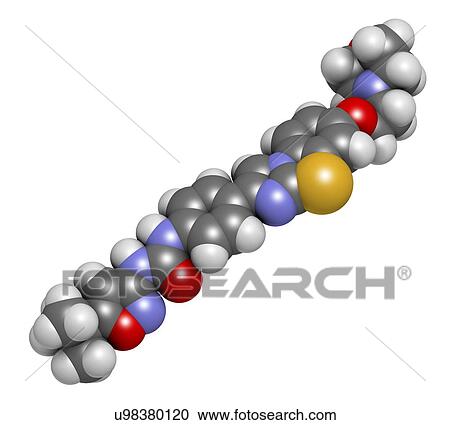 Stock Image - Quizartinib cancer drug molecule (kinase inhibitor). 3D rendering. Atoms are represented as spheres with conventional colour coding: hydrogen (white), carbon (grey), nitrogen (blue), oxygen (red), sulfur (yellow).. Fotosearch