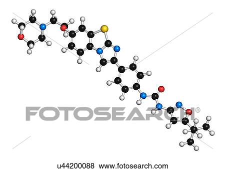 Stock Photo - Quizartinib cancer drug molecule (kinase inhibitor). 3D rendering. Atoms are represented as spheres with conventional colour coding: hydrogen (white), carbon (black), nitrogen (blue), oxygen (red), sulfur (yellow).. Fotosearch