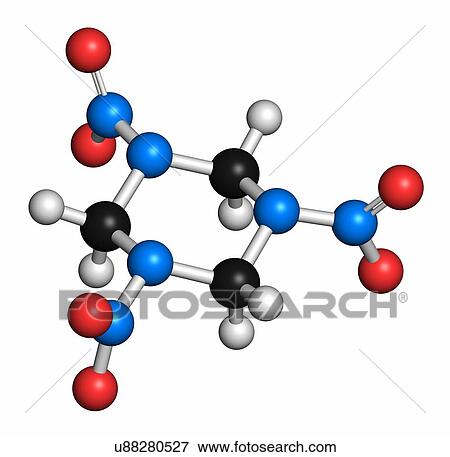 RDX (cyclotrimethylenetrinitramine) explosive molecule. Atoms are represented as spheres with conventional colour coding: hydrogen (white), carbon (grey), oxygen (red), nitrogen (blue). View Large Photo Image Stock Photo - RDX (cyclotrimethylenetrinitramine) explosive molecule. Atoms are represented as spheres with conventional colour coding: hydrogen (white), carbon (grey), oxygen (red), nitrogen (blue).. Fotosearch