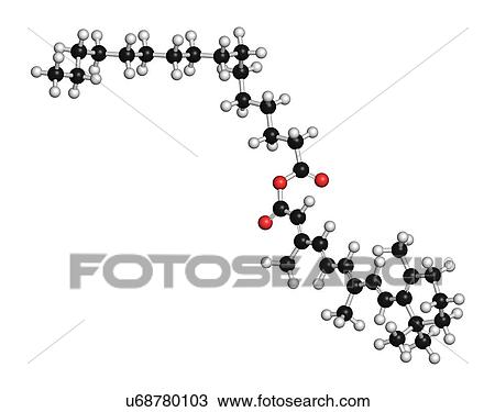 Stock Image - Retinyl palmitate vitamin supplement molecule. Ester of vitamin A (retinol) and palmitic acid. 3D rendering. Atoms are represented as spheres with conventional colour coding: hydrogen (white), carbon (black), oxygen (red).. Fotosearch