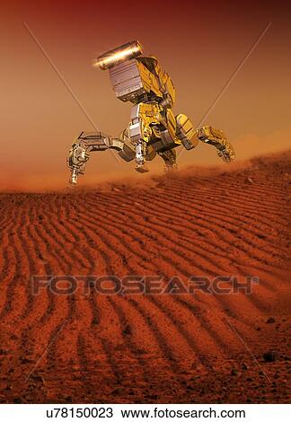 Stock Image - Robot on surface of red planet, illustration.. Fotosearch