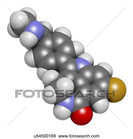 Stock Photo - Rucaparib cancer drug molecule (PARP1 inhibitor). 3D rendering. Atoms are represented as spheres with conventional colour coding: hydrogen (white), carbon (grey), nitrogen (blue), oxygen (red), fluorine (gold).. Fotosearch