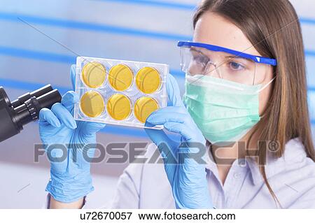 Stock Photo - Scientist wearing mask examining samples. Fotosearch