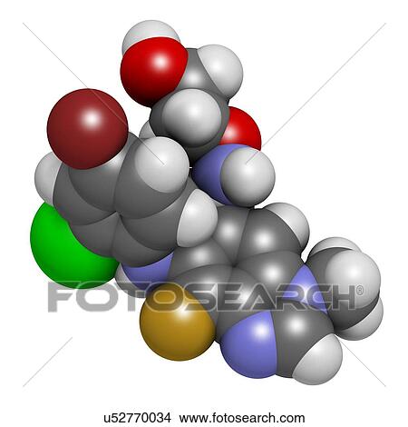 Picture - Selumetinib cancer drug molecule (MEK1 and MEK2 inhibitor). 3D rendering. Atoms are represented as spheres with conventional colour coding: hydrogen (white), carbon (grey), nitrogen (blue), oxygen (red), bromine (brown), chlorine (green), fluorine (gold).. Fotosearch