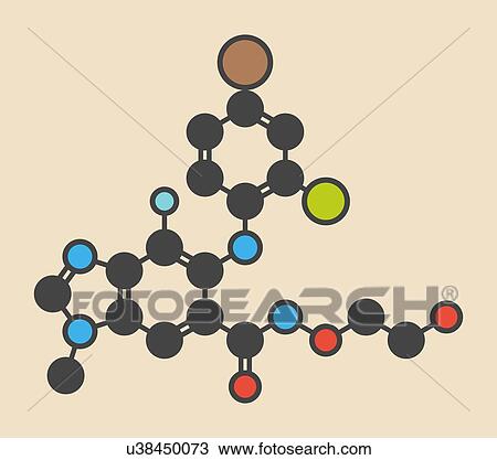 Stock Image - Selumetinib cancer drug molecule (MEK1 and MEK2 inhibitor). Stylized skeletal formula (chemical structure): Atoms are shown as color-coded circles: hydrogen (hidden), carbon (grey), nitrogen (blue), oxygen (red), bromine (brown), chlorine (green),.... Fotosearch