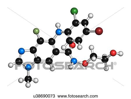 Stock Image - Selumetinib cancer drug molecule (MEK1 and MEK2 inhibitor). 3D rendering. Atoms are represented as spheres with conventional colour coding: hydrogen (white), carbon (black), nitrogen (blue), oxygen (red), bromine (brown), chlorine (green), fluorine.... Fotosearch