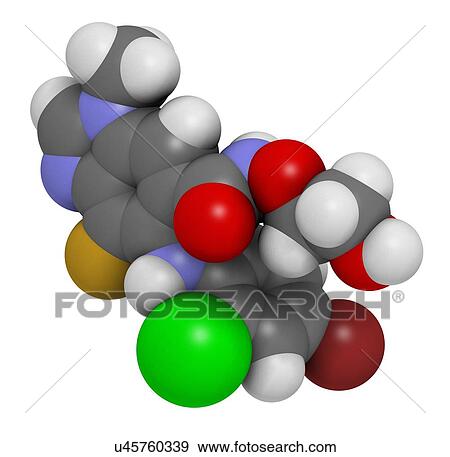 Selumetinib cancer drug molecule (MEK1 and MEK2 inhibitor). 3D rendering. Atoms are represented as spheres with conventional colour coding: hydrogen (white), carbon (grey), nitrogen (blue), oxygen (red), bromine (brown), chlorine (green), fluorine (gold). View Large Photo Image Stock Photo - Selumetinib cancer drug molecule (MEK1 and MEK2 inhibitor). 3D rendering. Atoms are represented as spheres with conventional colour coding: hydrogen (white), carbon (grey), nitrogen (blue), oxygen (red), bromine (brown), chlorine (green), fluorine (gold).. Fotosearch
