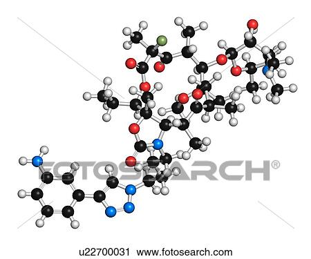 Stock Image - Solithromycin antibiotic drug molecule. 3D rendering. Atoms are represented as spheres with conventional colour coding: hydrogen (white), carbon (black), nitrogen (blue), oxygen (red), fluorine (light green).. Fotosearch