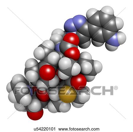 Stock Image - Solithromycin antibiotic drug molecule. 3D rendering. Atoms are represented as spheres with conventional colour coding: hydrogen (white), carbon (grey), nitrogen (blue), oxygen (red), fluorine (gold).. Fotosearch