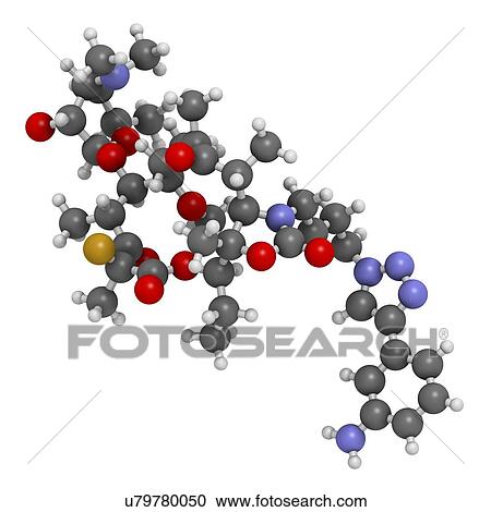 Stock Image - Solithromycin antibiotic drug molecule. 3D rendering. Atoms are represented as spheres with conventional colour coding: hydrogen (white), carbon (grey), nitrogen (blue), oxygen (red), fluorine (gold).. Fotosearch