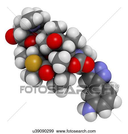 Stock Photo - Solithromycin antibiotic drug molecule. 3D rendering. Atoms are represented as spheres with conventional colour coding: hydrogen (white), carbon (grey), nitrogen (blue), oxygen (red), fluorine (gold).. Fotosearch