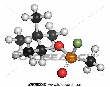 Stock Image - Soman nerve agent molecule (chemical weapon). Atoms are represented as spheres with conventional colour coding: hydrogen (white), carbon (grey), oxygen (red), phosphorus (orange), fluorine (light green).. Fotosearch