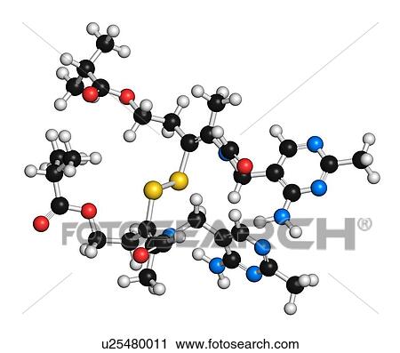 Stock Image - Sulbutiamine asthenia drug molecule. Also used in nutritional supplements. 3D rendering. Atoms are represented as spheres with conventional colour coding: hydrogen (white), carbon (black), oxygen (red), nitrogen (blue), sulfur (yellow).. Fotosearch