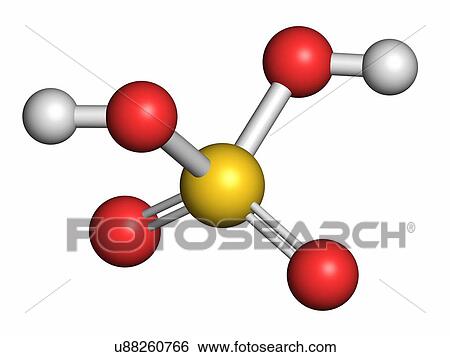 Sulfuric acid (H2SO4) strong mineral acid molecule. Atoms are represented as spheres with conventional colour coding: hydrogen (white), oxygen (red), sulfur (yellow). View Large Photo Image Stock Photograph - Sulfuric acid (H2SO4) strong mineral acid molecule. Atoms are represented as spheres with conventional colour coding: hydrogen (white), oxygen (red), sulfur (yellow).. Fotosearch