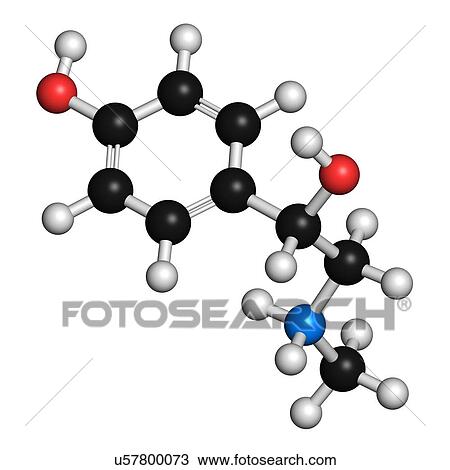 Stock Image - Synephrine herbal stimulant molecule. Present in several Citrus species. 3D rendering. Atoms are represented as spheres with conventional colour coding: hydrogen (white), carbon (black), oxygen (red), nitrogen (blue).. Fotosearch