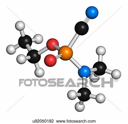 Stock Image - Tabun nerve agent molecule (chemical weapon). Atoms are represented as spheres with conventional colour coding: hydrogen (white), carbon (grey), oxygen (red), phosphorus (orange), nitrogen (blue).. Fotosearch