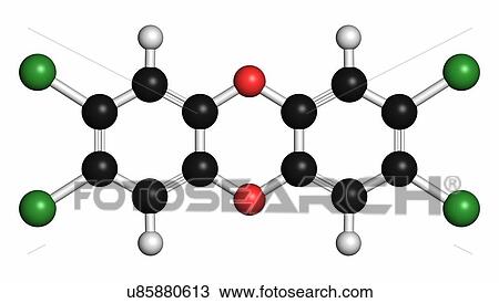 Stock Image - TCDD polychlorinated dibenzodioxin pollutant molecule (commonly called dioxin). Byproduct formed during incineration of chlorine-containing materials. Atoms are represented as spheres with conventional colour coding: hydrogen (white), carbon (grey),.... Fotosearch