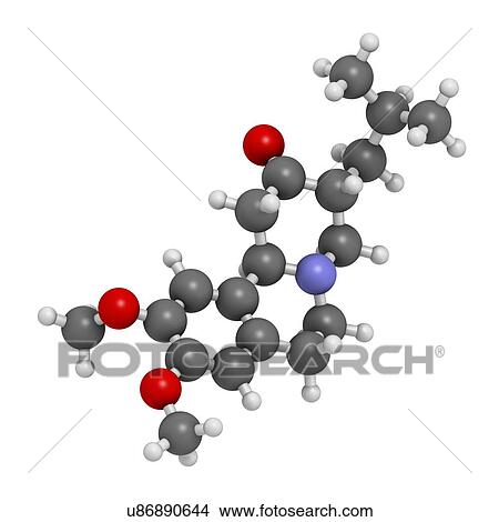 Picture - Tetrabenazine hyperkinetic disorder drug molecule. 3D rendering. Atoms are represented as spheres with conventional colour coding: hydrogen (white), carbon (grey), nitrogen (blue), oxygen (red).. Fotosearch
