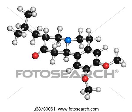 Stock Image - Tetrabenazine hyperkinetic disorder drug molecule. 3D rendering. Atoms are represented as spheres with conventional colour coding: hydrogen (white), carbon (black), nitrogen (blue), oxygen (red).. Fotosearch