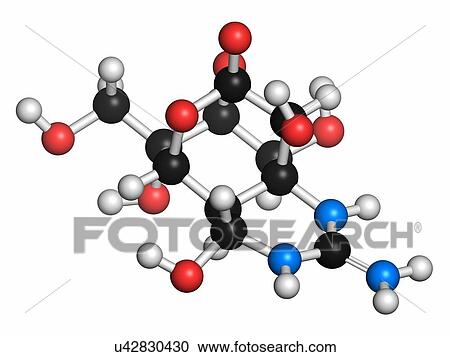 Stock Image - Tetrodotoxin (TTX) pufferfish neurotoxin molecule. Atoms are represented as spheres with conventional colour coding: hydrogen (white), carbon (grey), oxygen (red), nitrogen (blue).. Fotosearch