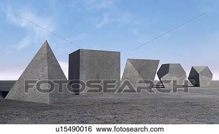 Stock Photograph - The five Platonic solids in an empty desert landscape. Thought to have been discovered in ancient Greece, they were written about by Plato, and Euclid gave a full mathematical description of them. Computer artwork.. Fotosearch