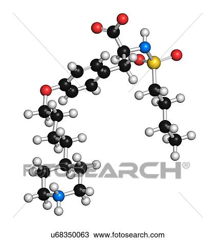 Stock Image - Tirofiban anticoagulant drug molecule. 3D rendering. Atoms are represented as spheres with conventional colour coding: hydrogen (white), carbon (black), nitrogen (blue), oxygen (red), sulfur (yellow).. Fotosearch