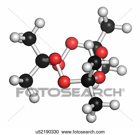 Stock Image - Triacetone triperoxide (TATP, acetone peroxide) explosive molecule. Atoms are represented as spheres with conventional colour coding: hydrogen (white), carbon (grey), oxygen (red).. Fotosearch