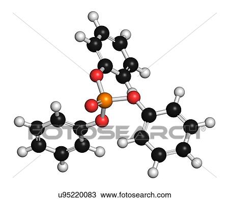 Stock Image - Triphenyl phosphate molecule. Used as flame retardant and plasticizer. 3D rendering. Atoms are represented as spheres with conventional colour coding: hydrogen (white), carbon (black), oxygen (red), phosphorus (orange).. Fotosearch