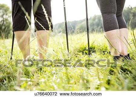 Stock Image - Two people with walking poles. Fotosearch