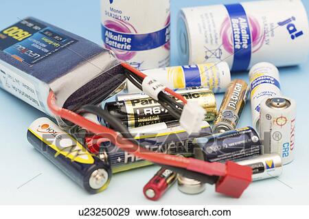 Stock Photo - Variety of batteries, studio shot.. Fotosearch