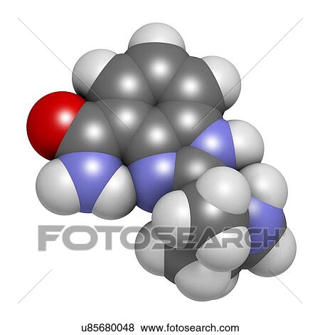 Stock Photo - Veliparib cancer drug molecule (PARP inhibitor). 3D rendering. Atoms are represented as spheres with conventional colour coding: hydrogen (white), carbon (grey), nitrogen (blue), oxygen (red).. Fotosearch