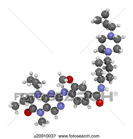 Stock Photo - Volasertib cancer drug molecule (PLK1 inhibitor). 3D rendering. Atoms are represented as spheres with conventional colour coding: hydrogen (white), carbon (grey), nitrogen (blue), oxygen (red).. Fotosearch