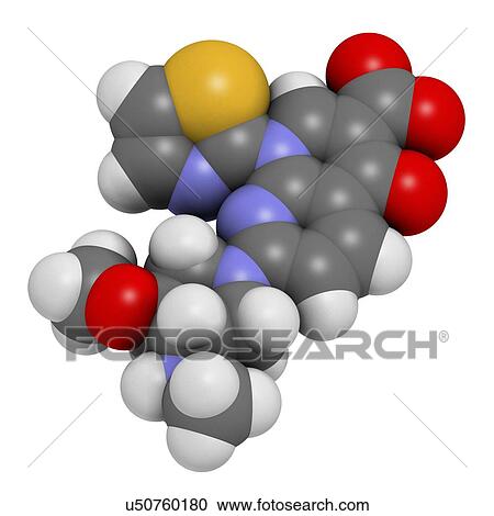 Stock Image - Vosaroxin cancer drug molecule. 3D rendering. Atoms are represented as spheres with conventional colour coding: hydrogen (white), carbon (grey), nitrogen (blue), oxygen (red), sulfur (yellow).. Fotosearch