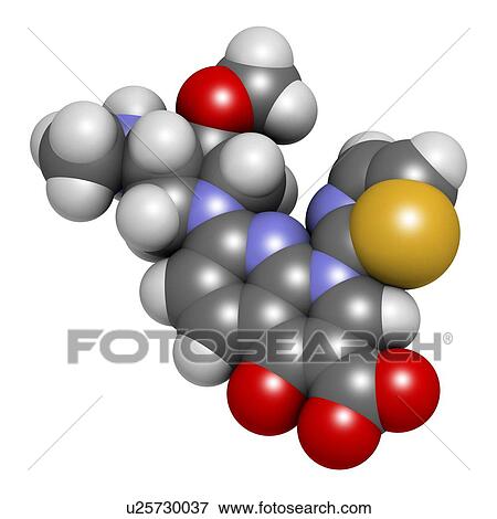 Stock Photo - Vosaroxin cancer drug molecule. 3D rendering. Atoms are represented as spheres with conventional colour coding: hydrogen (white), carbon (grey), nitrogen (blue), oxygen (red), sulfur (yellow).. Fotosearch
