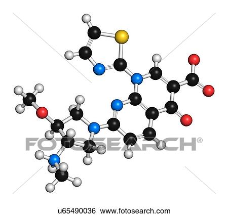 Stock Photograph - Vosaroxin cancer drug molecule. 3D rendering. Atoms are represented as spheres with conventional colour coding: hydrogen (white), carbon (black), nitrogen (blue), oxygen (red), sulfur (yellow).. Fotosearch