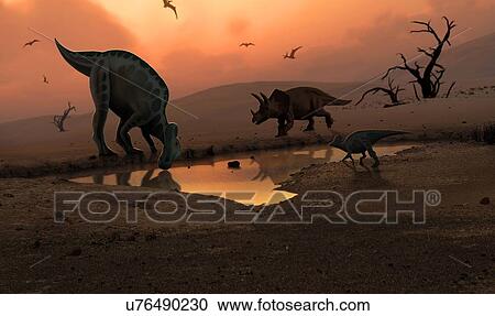 Stock Image - Artwork of dinosaurs at a watering hole. Fotosearch
