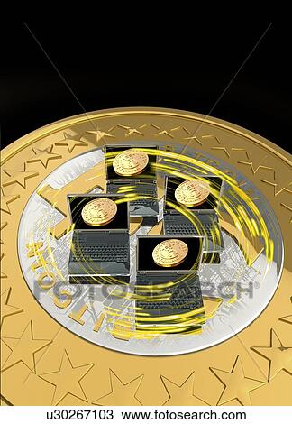 Stock Image - Bitcoins and laptops, illustration. Fotosearch