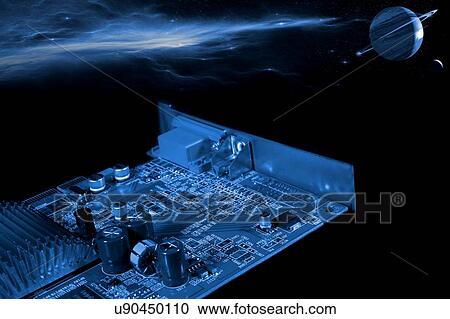 Stock Image - Circuit board in outer space, illustration. Fotosearch