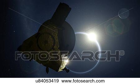 Stock Photo - New Horizons and Backlit Pluto. Fotosearch