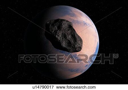 Stock Photo - Planet and asteroid in space, illustration. Fotosearch