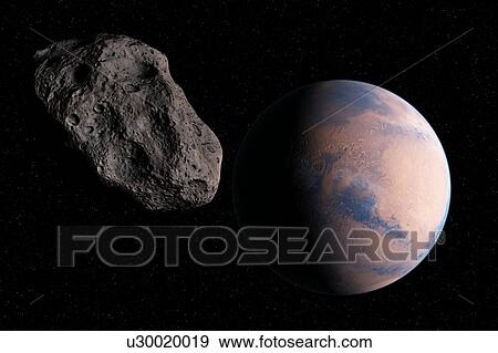 Stock Photo - Planet and asteroid in space, illustration. Fotosearch