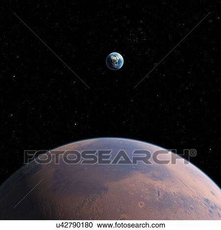 Stock Image - Planet with Earth in distance, illustration. Fotosearch