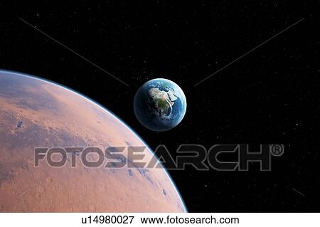 Planet with Earth in distance, illustration View Large Photo Image Stock Photo - Planet with Earth in distance, illustration. Fotosearch