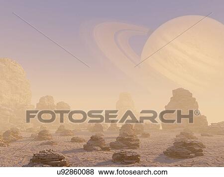 Stock Photo - Rocky surface and planet in distance, illustration. Fotosearch