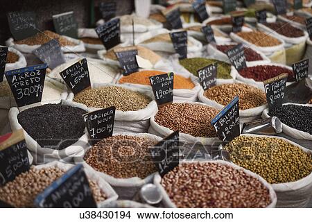 Sacks with grain in market View Large Photo Image Picture - Sacks with grain in market. Fotosearch