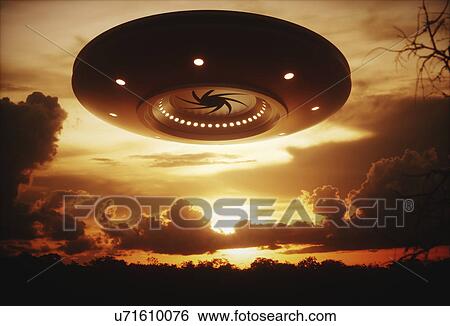 Stock Photograph - Ufo in sky, backlit, illustration. Fotosearch