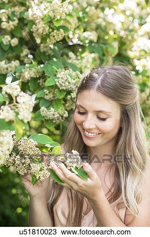 Stock Image - Woman holding white flowers. Fotosearch