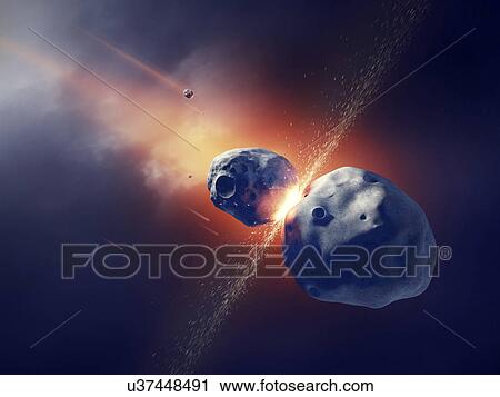 Stock Image - Asteroids colliding in space. Fotosearch