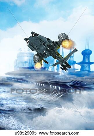 Stock Photography - Drone craft flying over water. Fotosearch