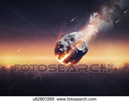 Stock Photo - Meteor falling towards city. Fotosearch